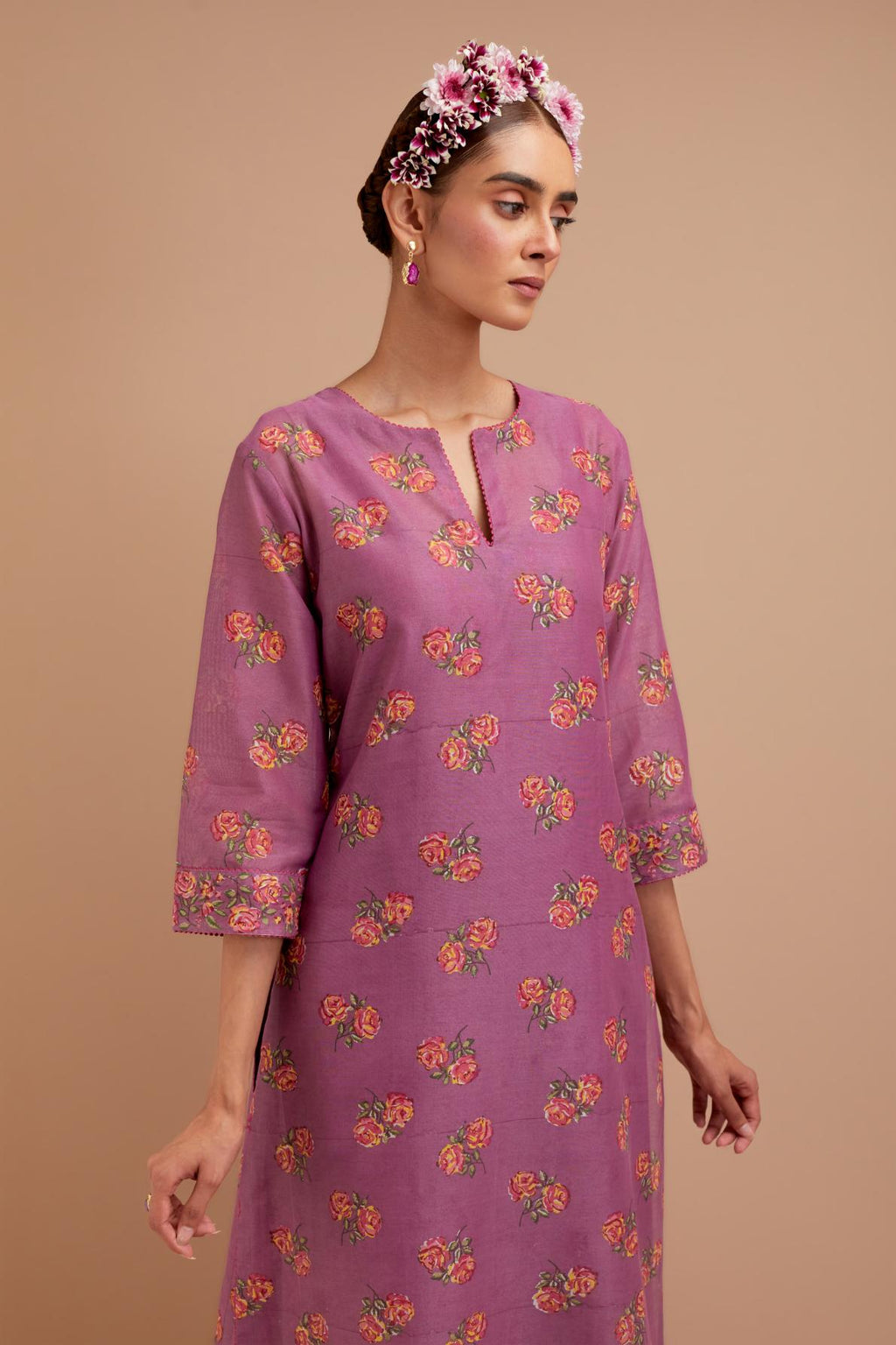 Dark Mauve Silk Chanderi straight kurta set with all-over Pink & Yellow floral hand block print.