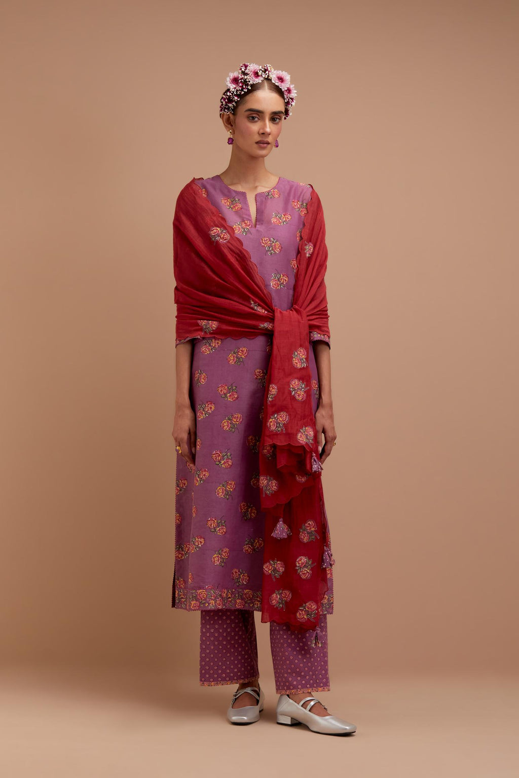 Dark Mauve Silk Chanderi straight kurta set with all-over Pink & Yellow floral hand block print.