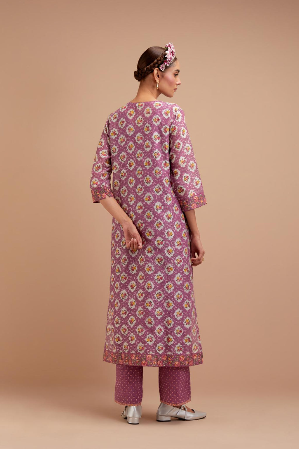 Dark Mauve Silk Chanderi kurta set with all-over Pink & Yellow floral hand-block print.