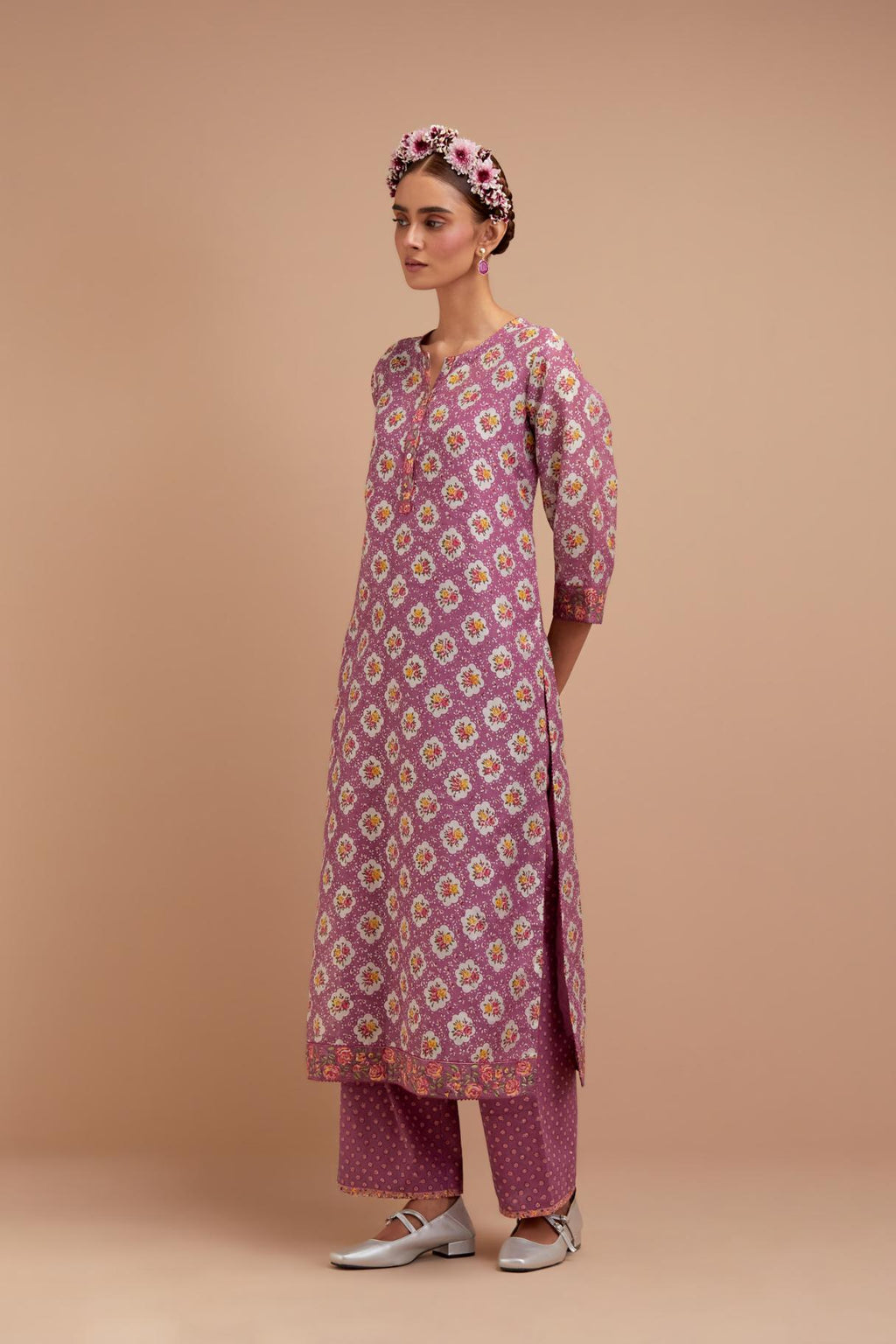 Dark Mauve Silk Chanderi kurta set with all-over Pink & Yellow floral hand-block print.