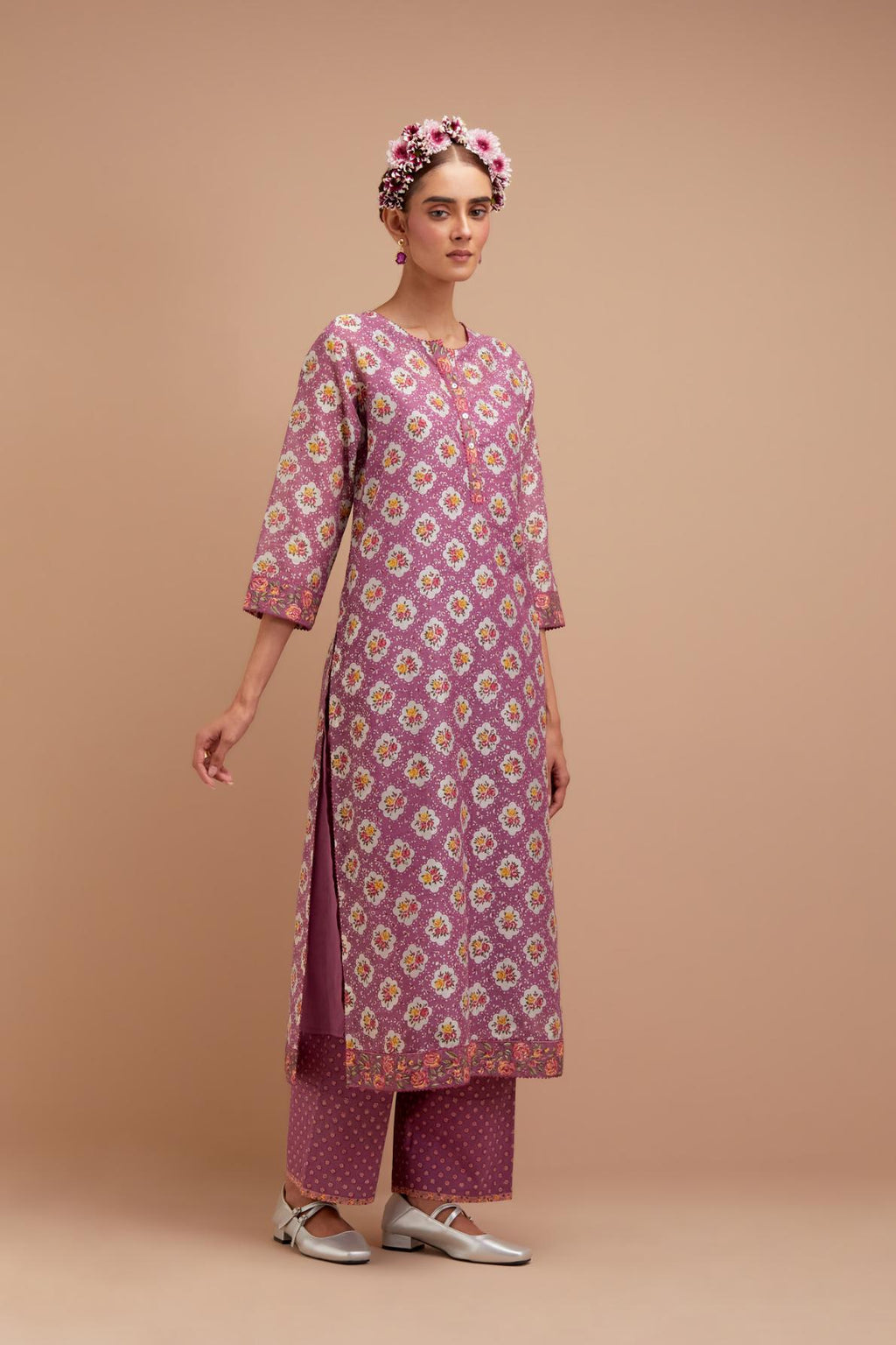 Dark Mauve Silk Chanderi kurta set with all-over Pink & Yellow floral hand-block print.