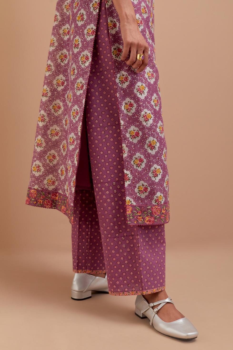 Dark Mauve Silk Chanderi kurta set with all-over Pink & Yellow floral hand-block print.