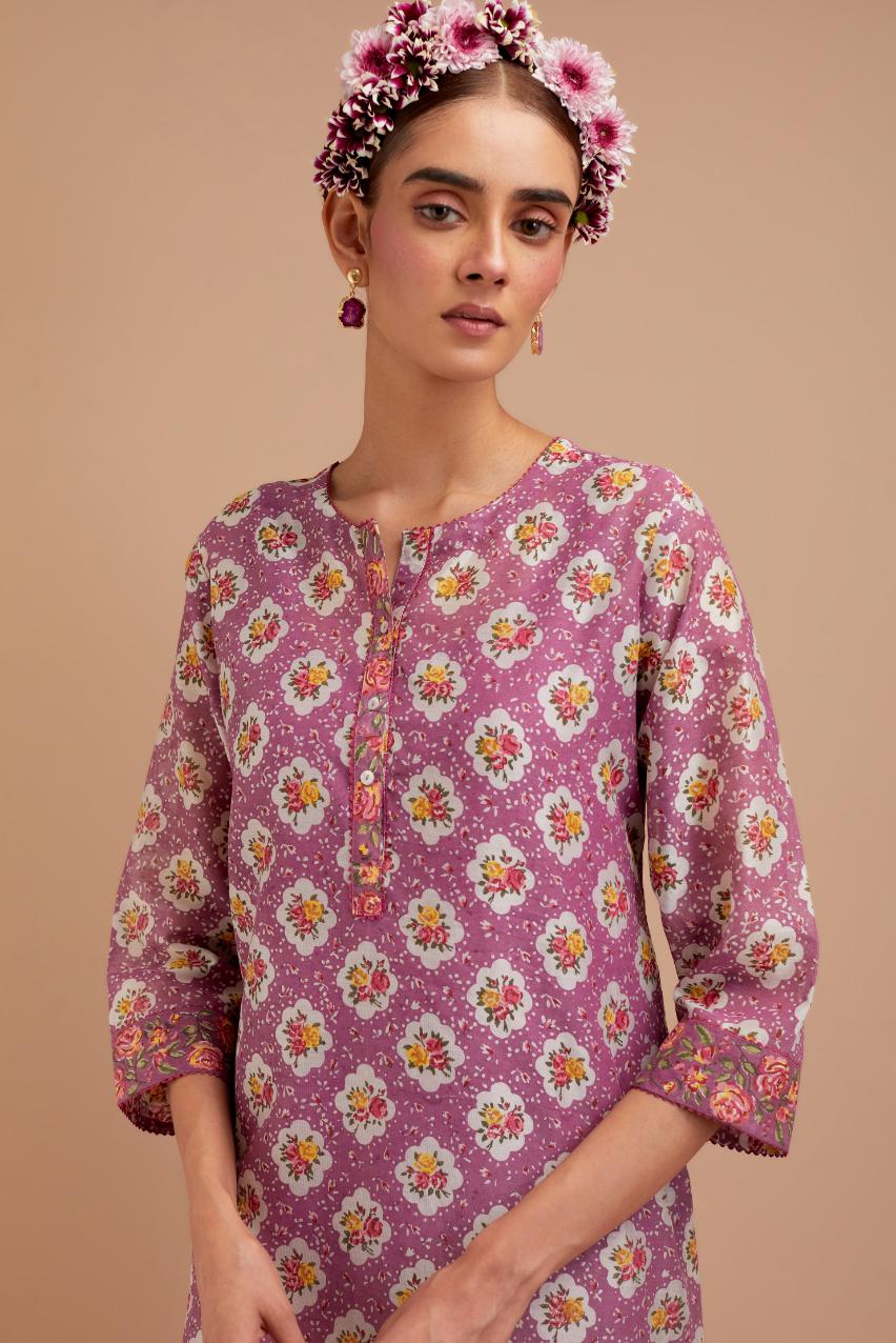 Dark Mauve Silk Chanderi kurta set with all-over Pink & Yellow floral hand-block print.