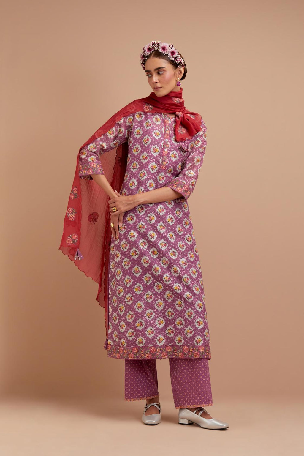 Dark Mauve Silk Chanderi kurta set with all-over Pink & Yellow floral hand-block print.