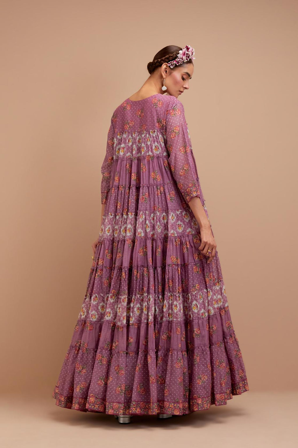 Dark Mauve hand block printed multi-tiered kurta dress set with 3/4 sleeves, highlighted with quilted yoke in front and back.