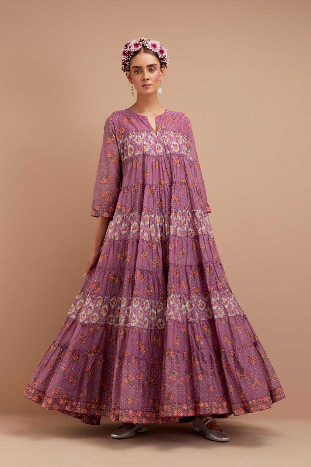Dark Mauve hand block printed multi-tiered kurta dress set with 3/4 sleeves, highlighted with quilted yoke in front and back.