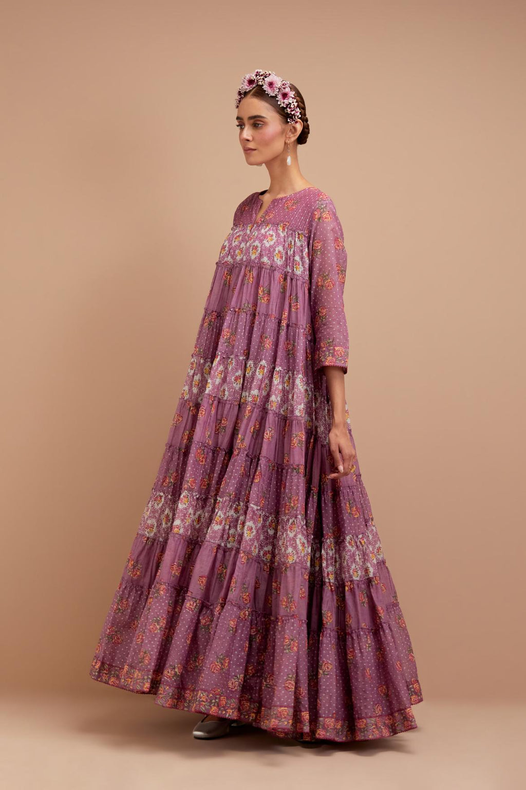 Dark Mauve hand block printed multi-tiered kurta dress set with 3/4 sleeves, highlighted with quilted yoke in front and back.