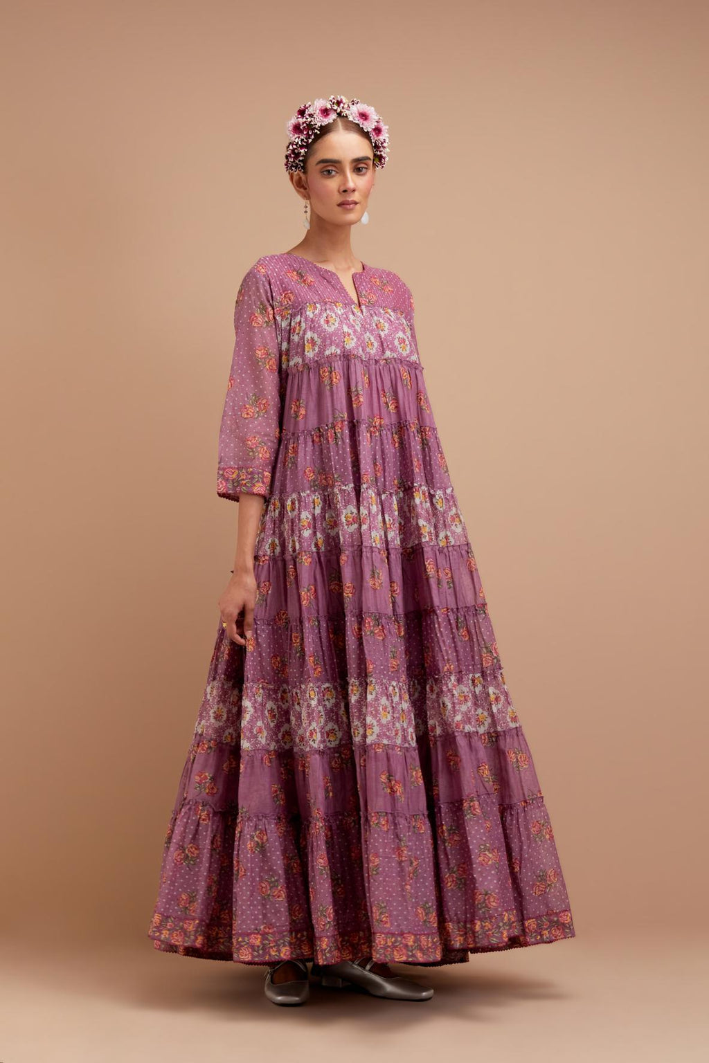Dark Mauve hand block printed multi-tiered kurta dress set with 3/4 sleeves, highlighted with quilted yoke in front and back.