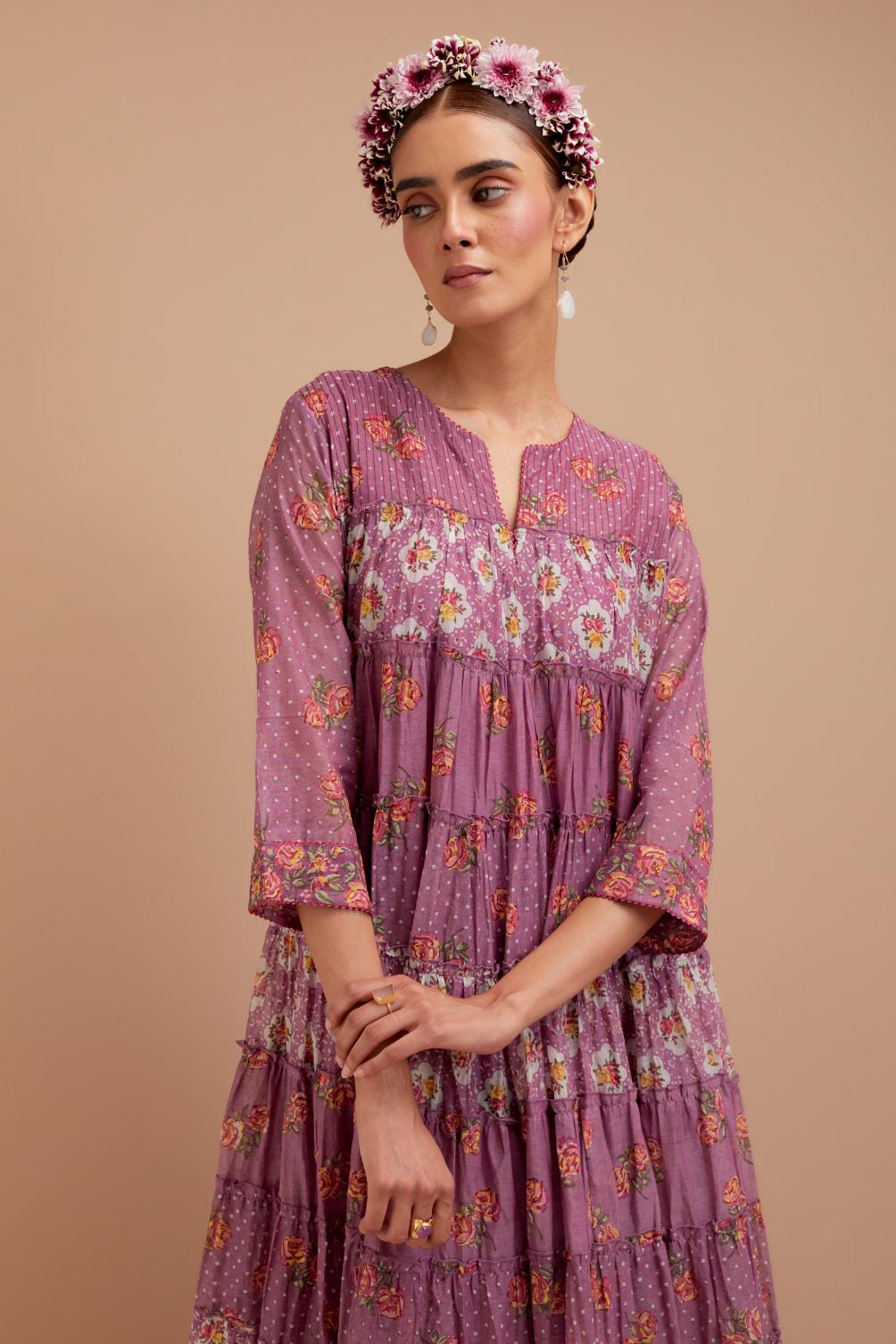 Dark Mauve hand block printed multi-tiered kurta dress set with 3/4 sleeves, highlighted with quilted yoke in front and back.