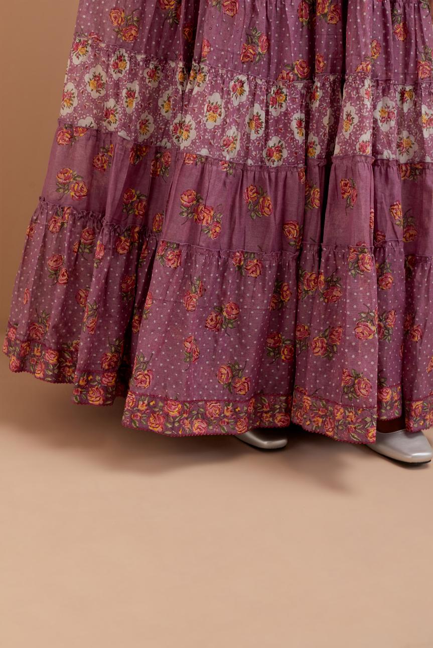 Dark Mauve hand block printed multi-tiered kurta dress set with 3/4 sleeves, highlighted with quilted yoke in front and back.