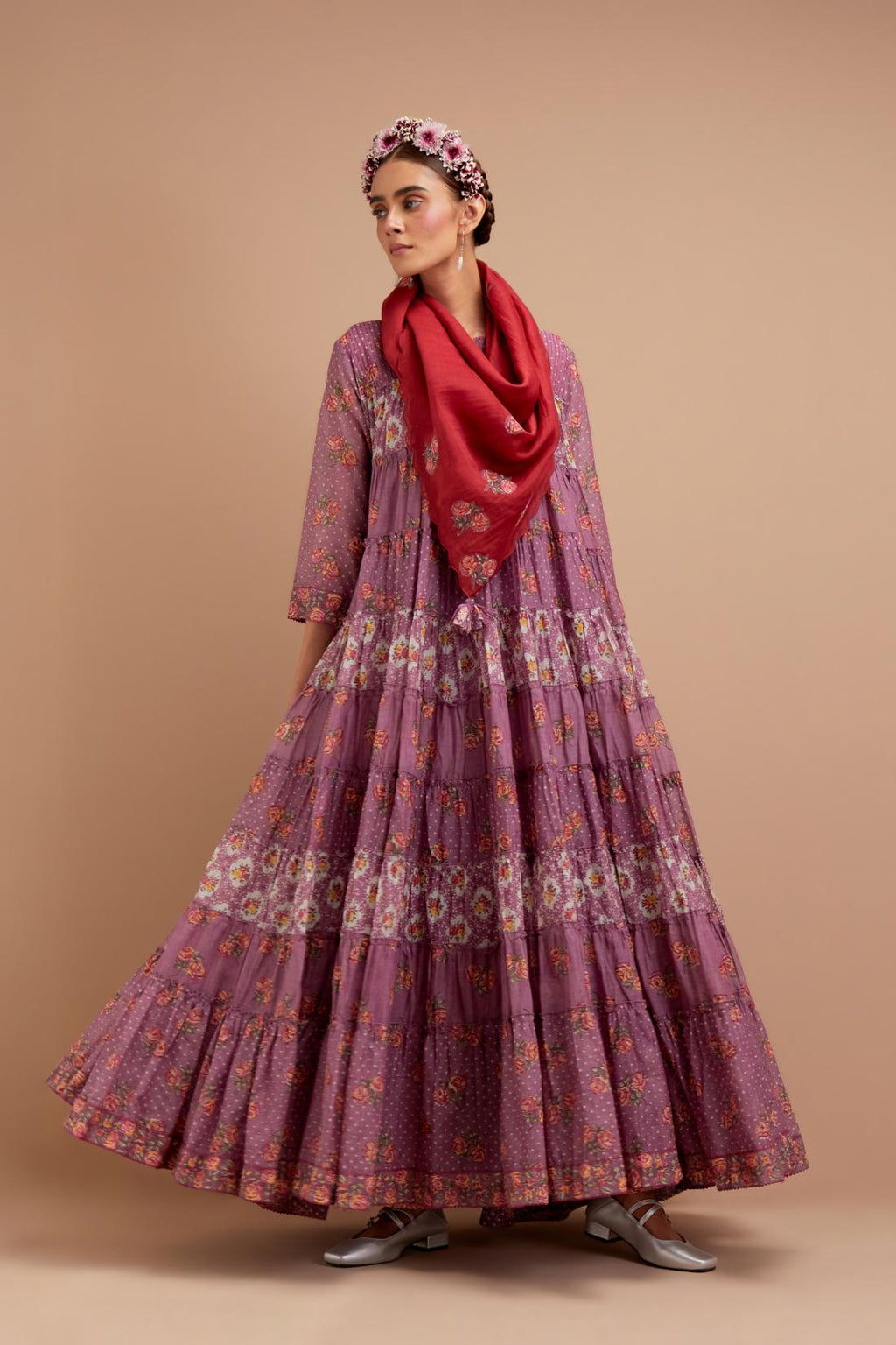 Dark Mauve hand block printed multi-tiered kurta dress set with 3/4 sleeves, highlighted with quilted yoke in front and back.