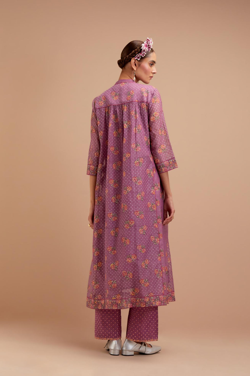 Dark Mauve Silk Chanderi Kurta dress set with all-over Pink & Yellow floral hand block print.