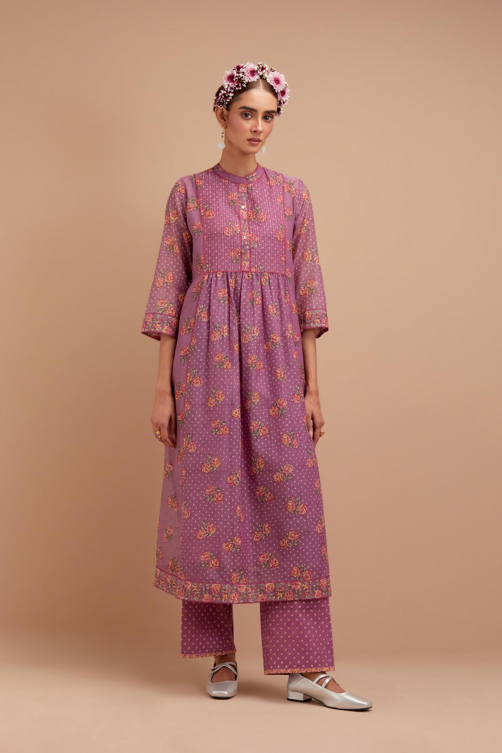Dark Mauve Silk Chanderi Kurta dress set with all-over Pink & Yellow floral hand block print.