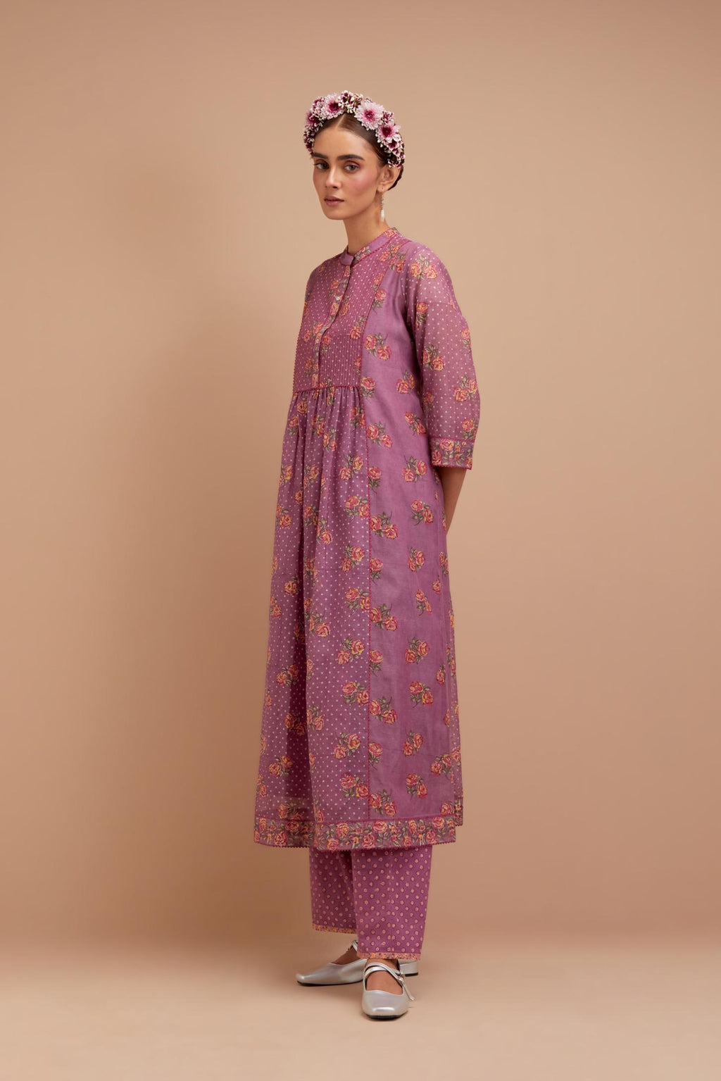 Dark Mauve Silk Chanderi Kurta dress set with all-over Pink & Yellow floral hand block print.