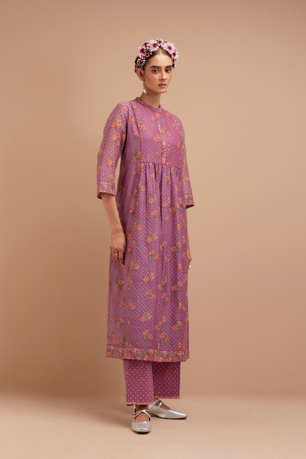 Dark Mauve Silk Chanderi Kurta dress set with all-over Pink & Yellow floral hand block print.