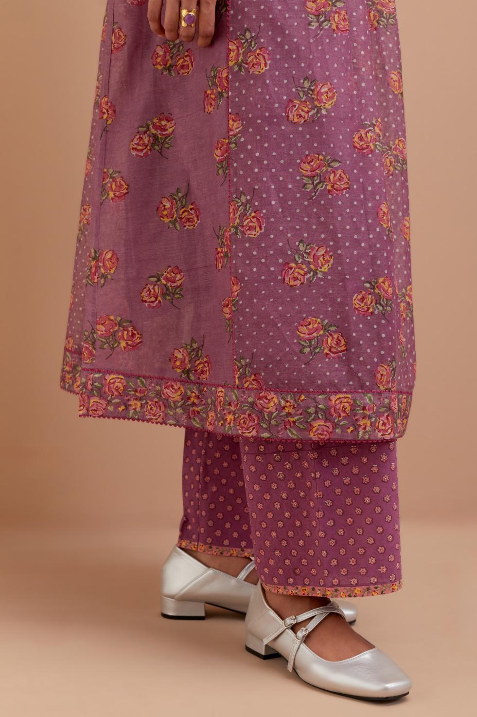 Dark Mauve Silk Chanderi Kurta dress set with all-over Pink & Yellow floral hand block print.
