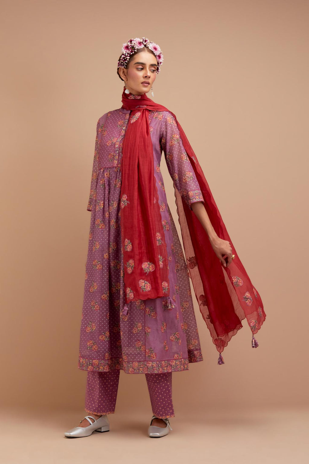 Dark Mauve Silk Chanderi Kurta dress set with all-over Pink & Yellow floral hand block print.