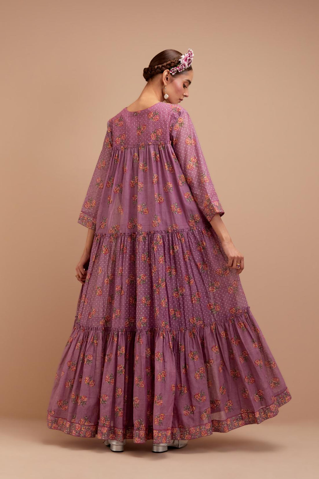 Dark Mauve three-tiered kurta set with quilted yoke and all-over Pink & Yellow floral hand block print.