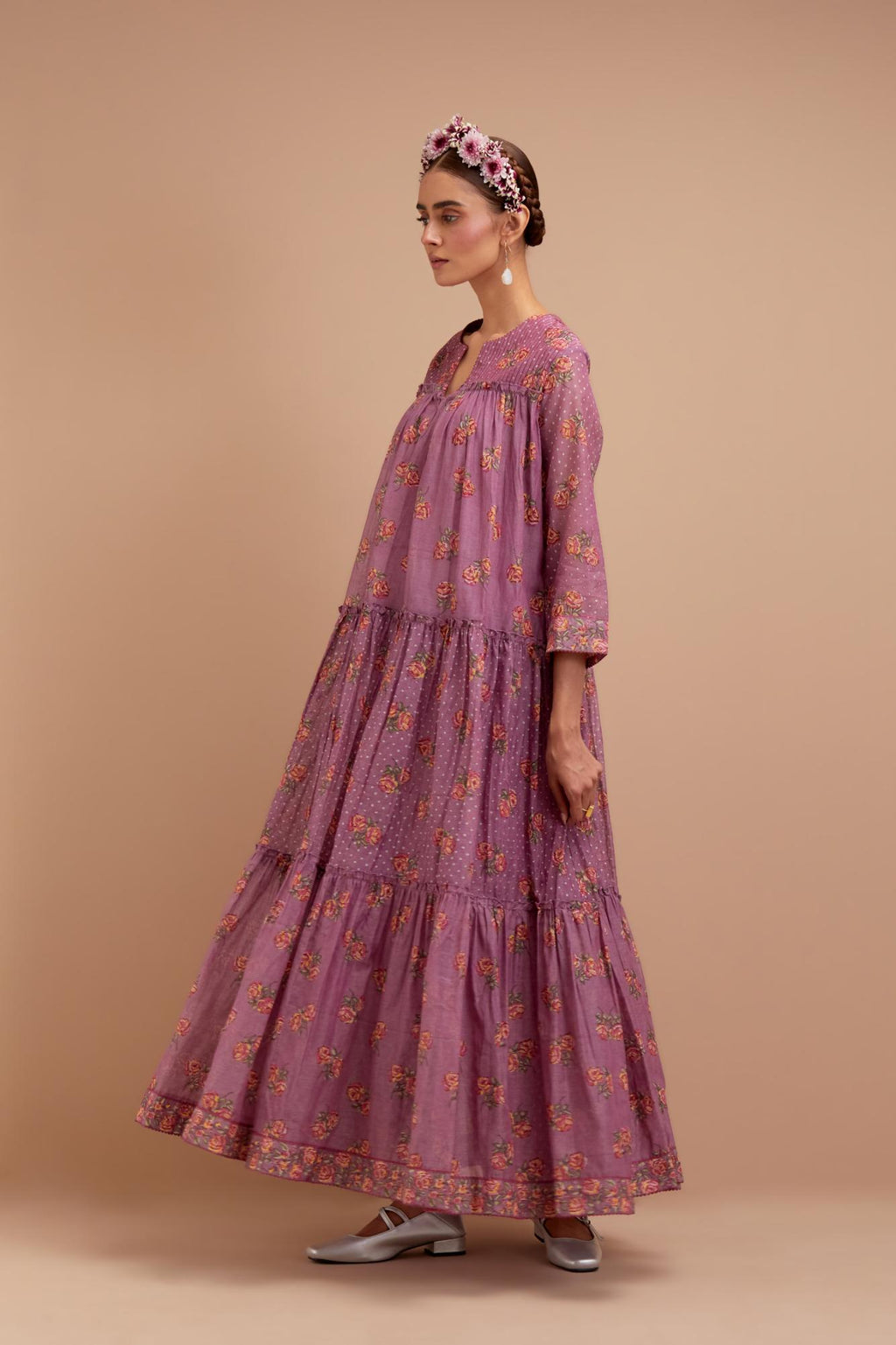 Dark Mauve three-tiered kurta set with quilted yoke and all-over Pink & Yellow floral hand block print.