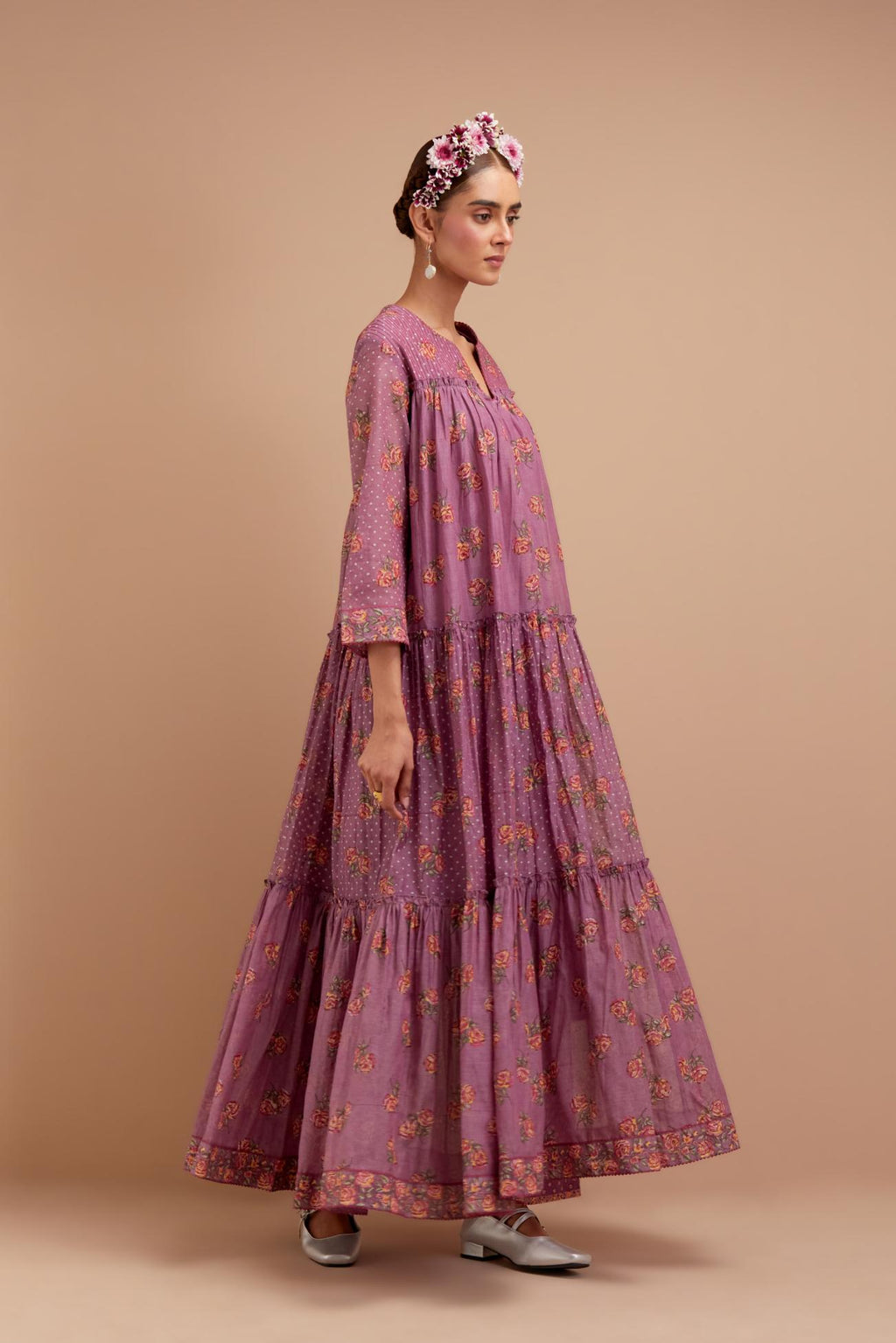 Dark Mauve three-tiered kurta set with quilted yoke and all-over Pink & Yellow floral hand block print.