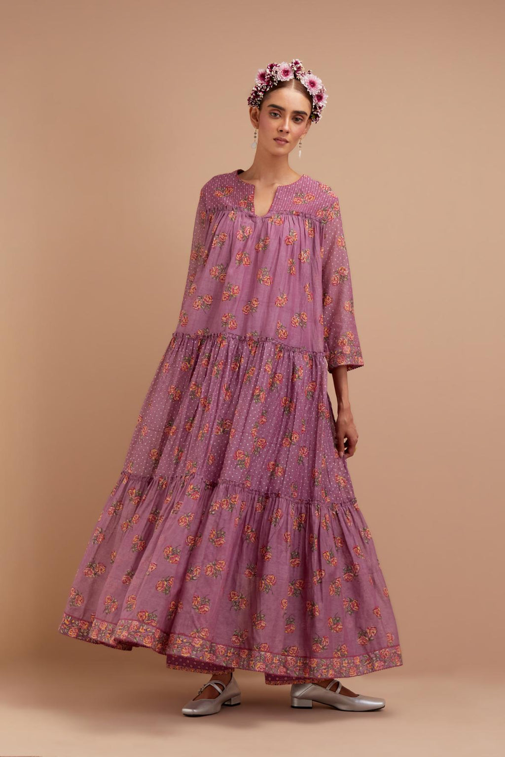 Dark Mauve three-tiered kurta set with quilted yoke and all-over Pink & Yellow floral hand block print.