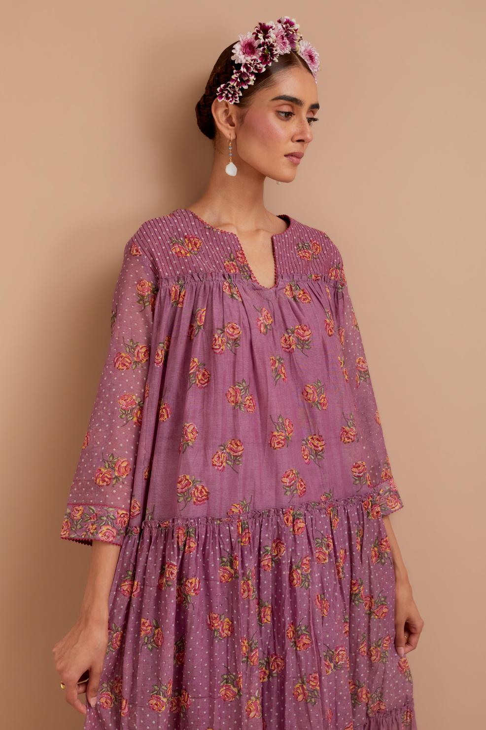 Dark Mauve three-tiered kurta set with quilted yoke and all-over Pink & Yellow floral hand block print.
