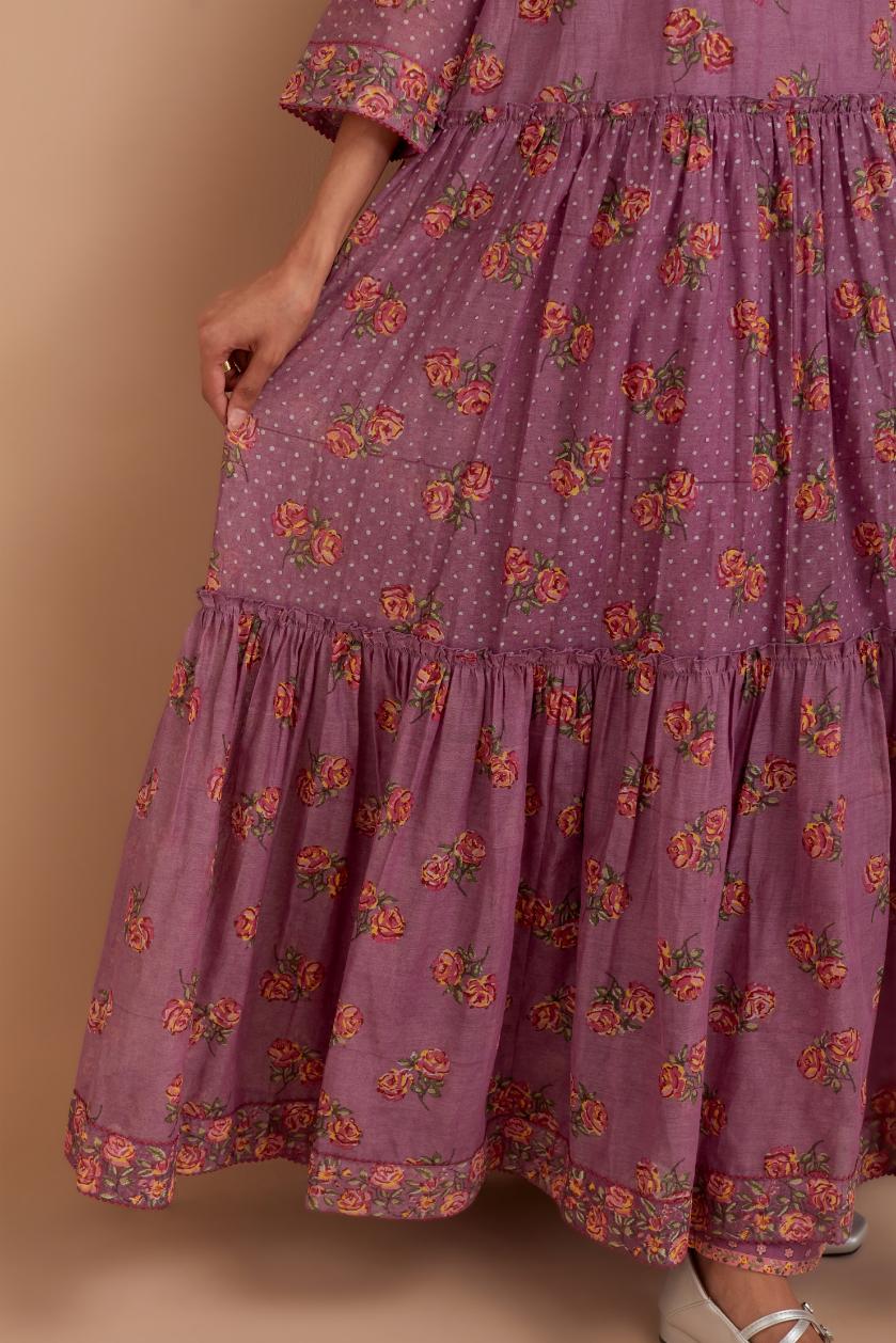 Dark Mauve three-tiered kurta set with quilted yoke and all-over Pink & Yellow floral hand block print.