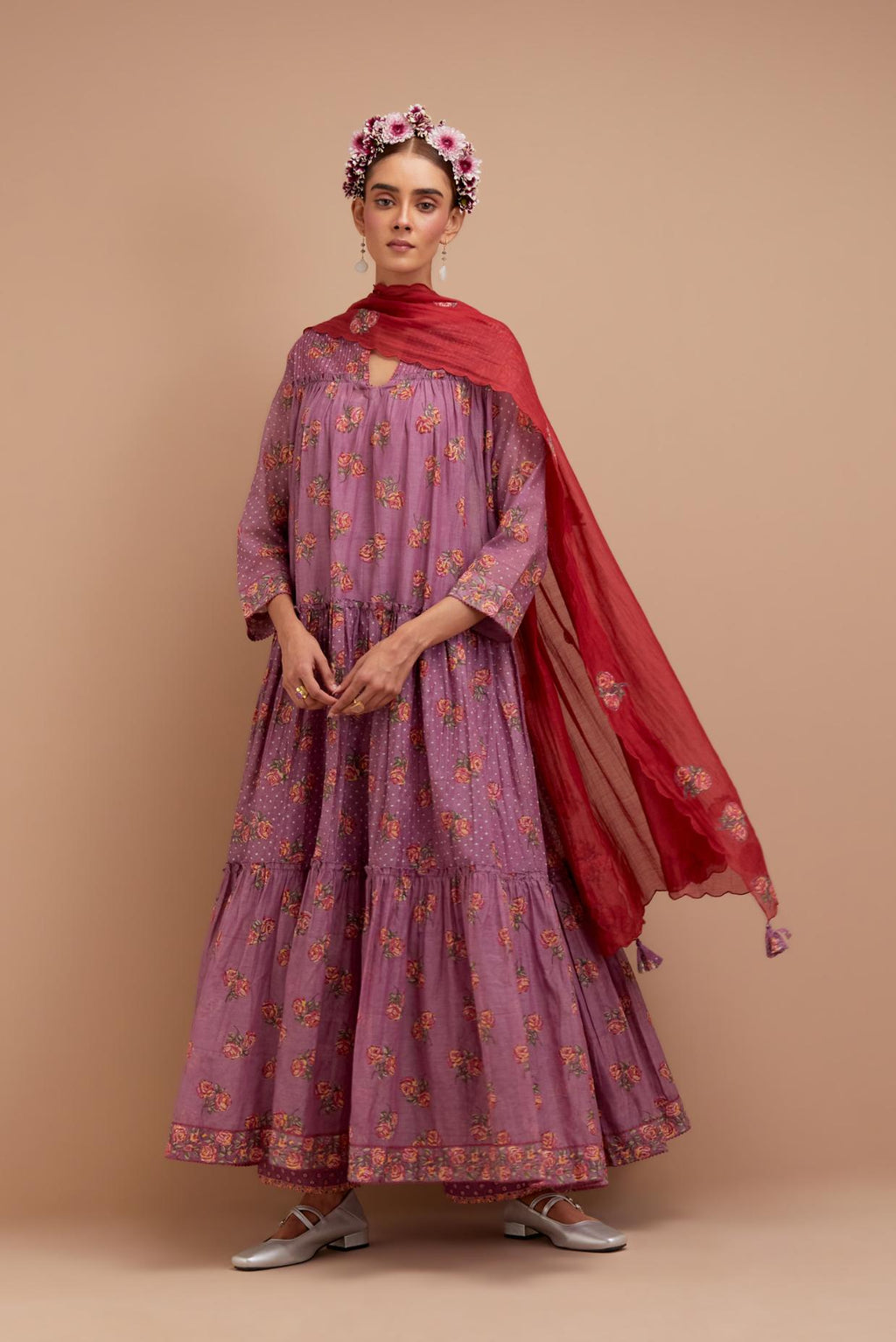 Dark Mauve three-tiered kurta set with quilted yoke and all-over Pink & Yellow floral hand block print.