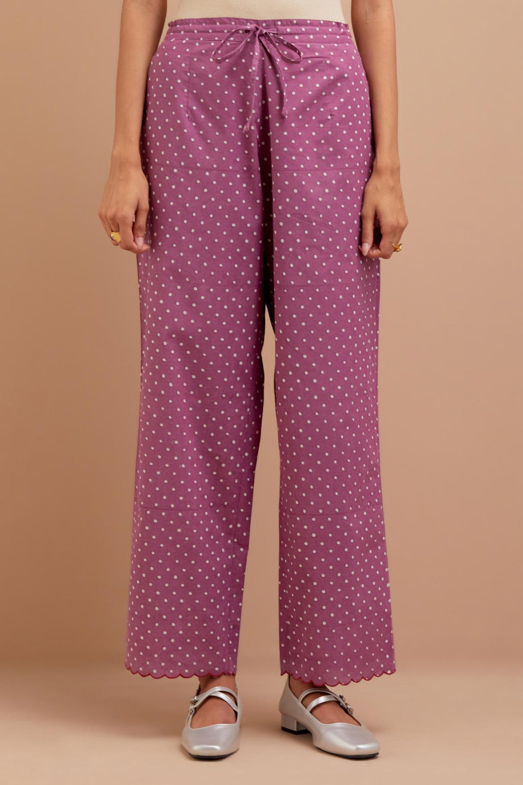Dark Mauve Cotton straight pants with all-polka dot hand block print.