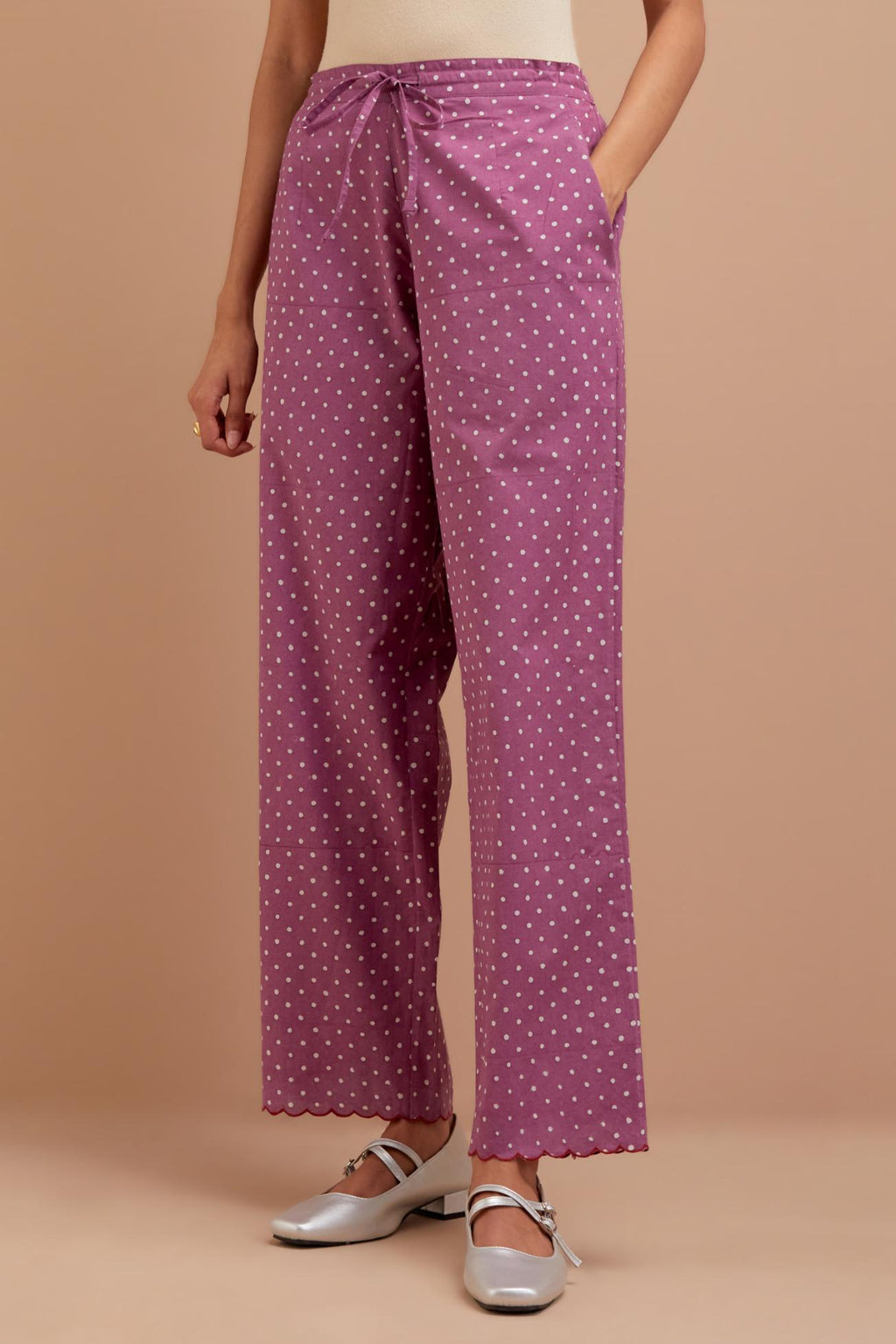 Dark Mauve Cotton straight pants with all-polka dot hand block print.