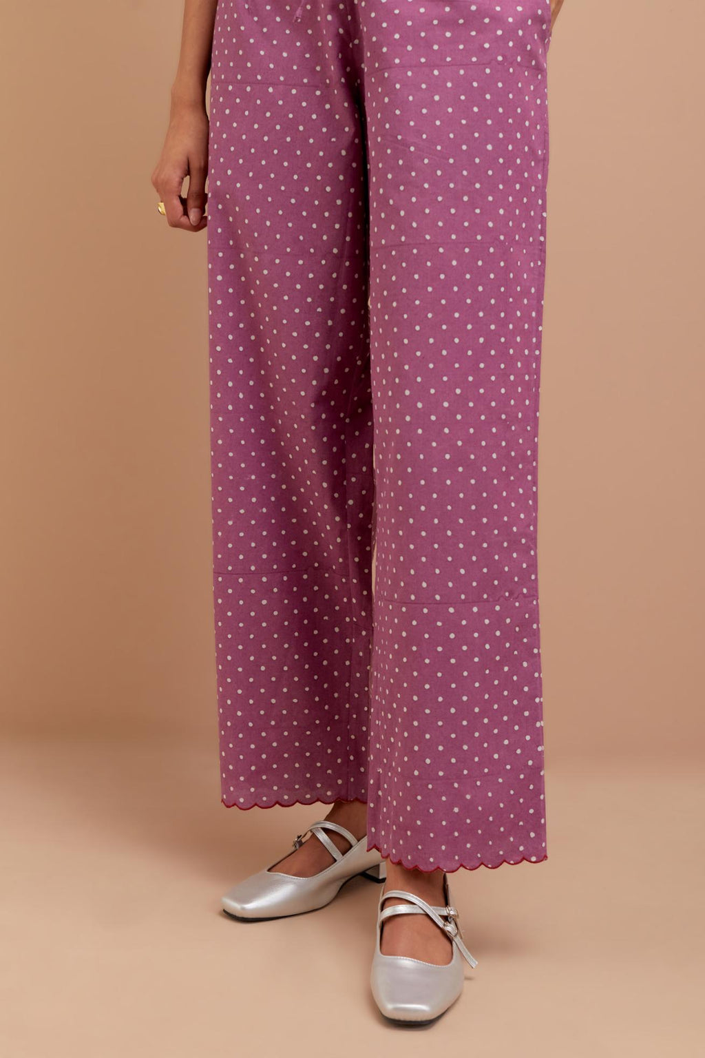 Dark Mauve Cotton straight pants with all-polka dot hand block print.