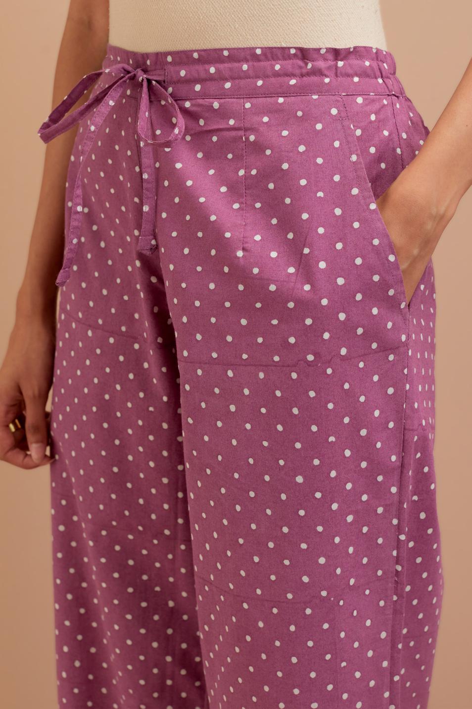Dark Mauve Cotton straight pants with all-polka dot hand block print.