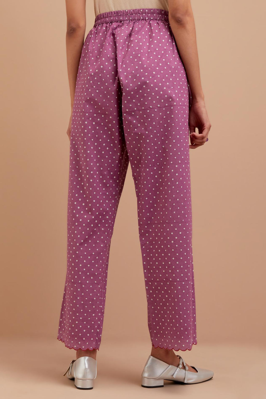 Dark Mauve Cotton straight pants with all-polka dot hand block print.