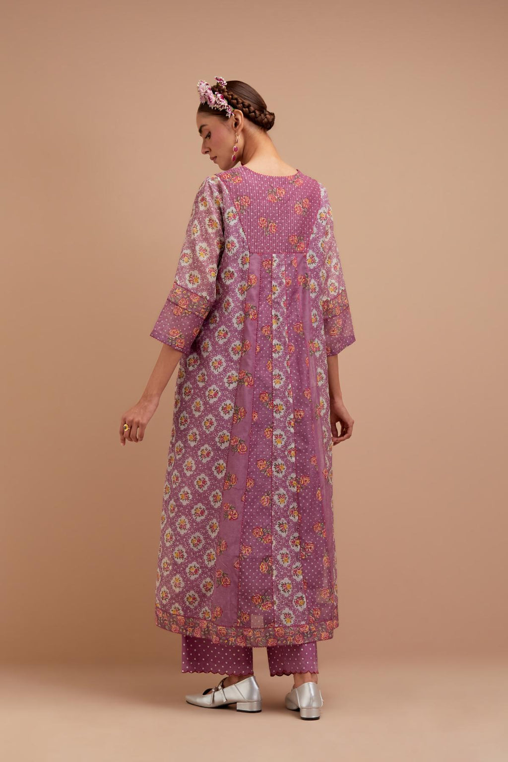 Dark Mauve Silk Chanderi hand block printed kurta dress set with a V neck and multi panels.