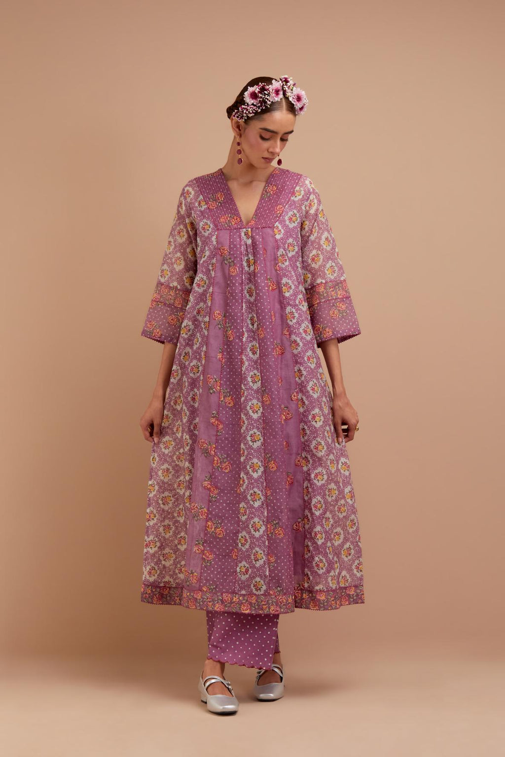 Dark Mauve Silk Chanderi hand block printed kurta dress set with a V neck and multi panels.
