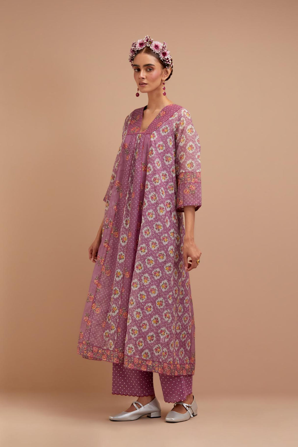 Dark Mauve Silk Chanderi hand block printed kurta dress set with a V neck and multi panels.