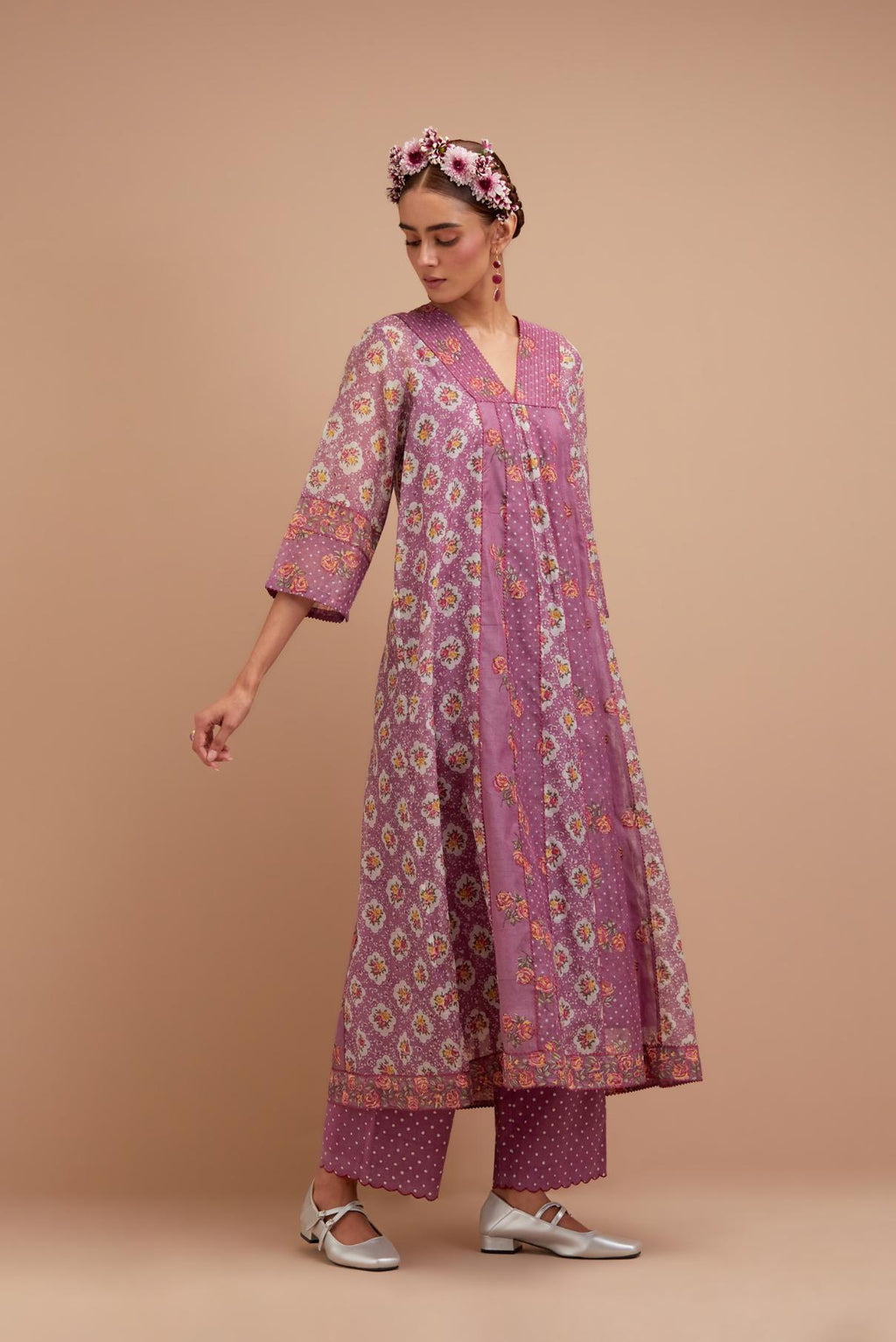 Dark Mauve Silk Chanderi hand block printed kurta dress set with a V neck and multi panels.