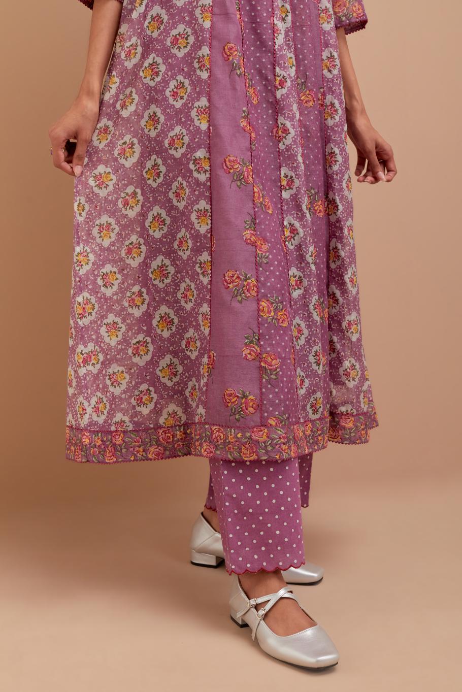 Dark Mauve Silk Chanderi hand block printed kurta dress set with a V neck and multi panels.