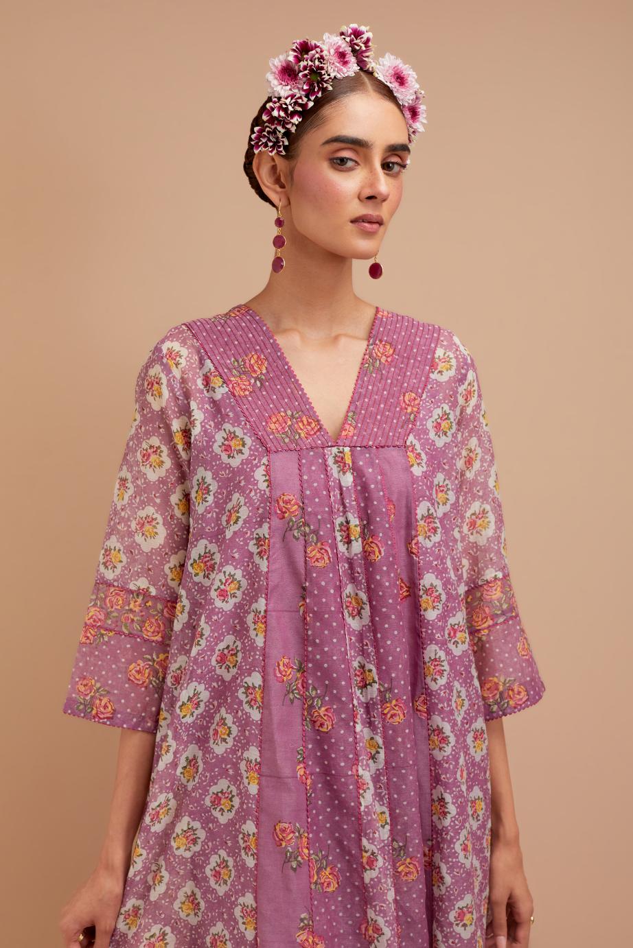 Dark Mauve Silk Chanderi hand block printed kurta dress set with a V neck and multi panels.