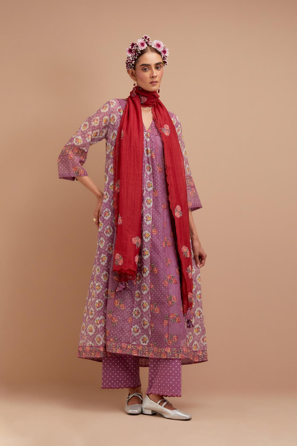 Dark Mauve Silk Chanderi hand block printed kurta dress set with a V neck and multi panels.