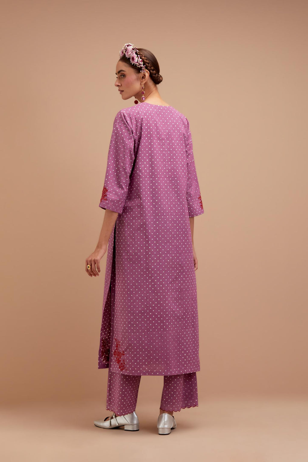 Dark Mauve Cotton straight long kurta set with all-over polka dot hand block print & embroidered floral bootas at the side hem.