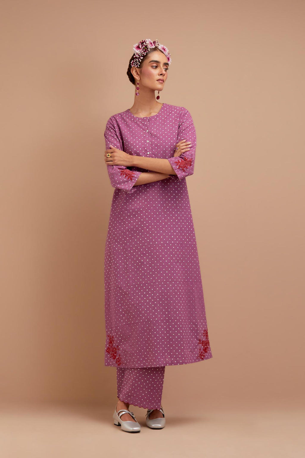 Dark Mauve Cotton straight long kurta set with all-over polka dot hand block print & embroidered floral bootas at the side hem.