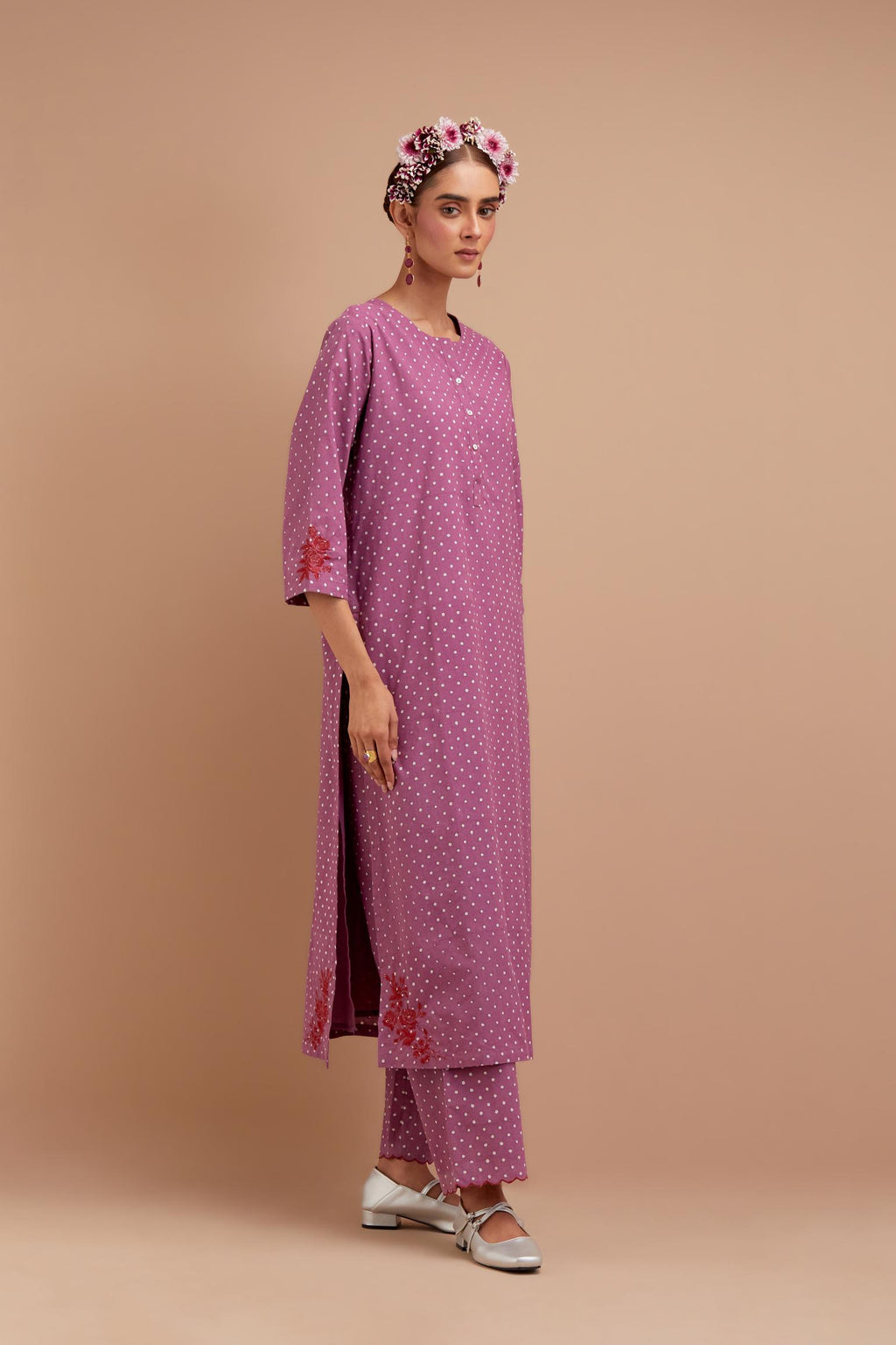 Dark Mauve Cotton straight long kurta set with all-over polka dot hand block print & embroidered floral bootas at the side hem.
