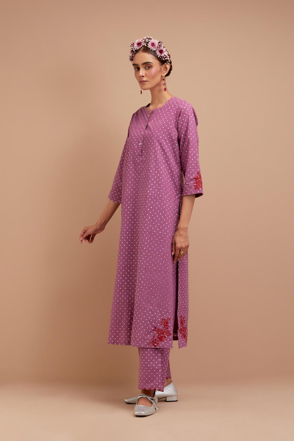 Dark Mauve Cotton straight long kurta set with all-over polka dot hand block print & embroidered floral bootas at the side hem.