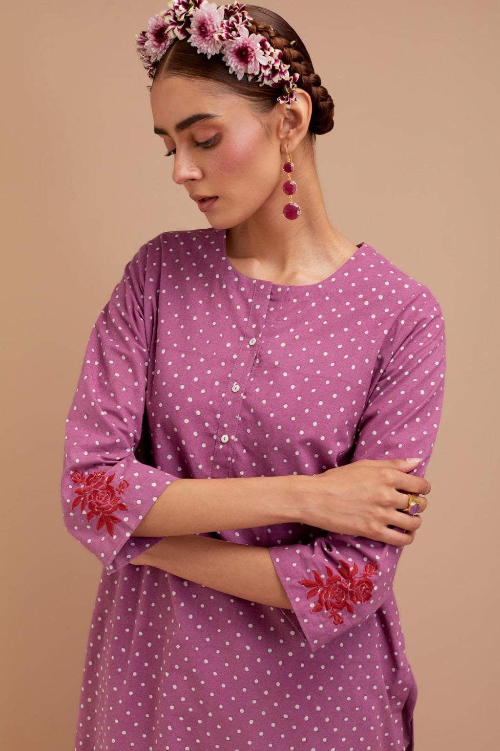 Dark Mauve Cotton straight long kurta set with all-over polka dot hand block print & embroidered floral bootas at the side hem.