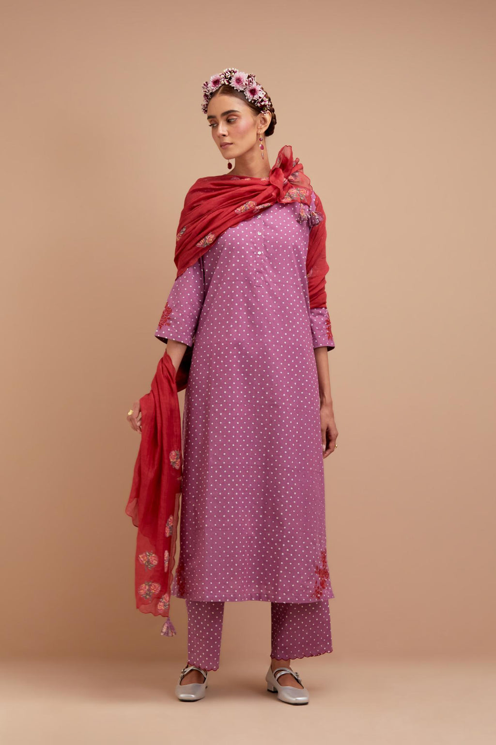Dark Mauve Cotton straight long kurta set with all-over polka dot hand block print & embroidered floral bootas at the side hem.