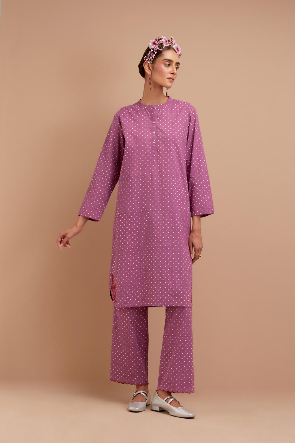 Dark Mauve Cotton straight short kurta set with all-over polka dot hand block print & embroidered floral bootas at the side hem.