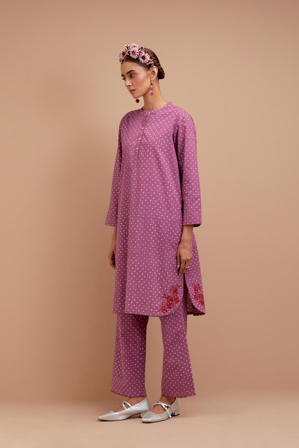 Dark Mauve Cotton straight short kurta set with all-over polka dot hand block print & embroidered floral bootas at the side hem.