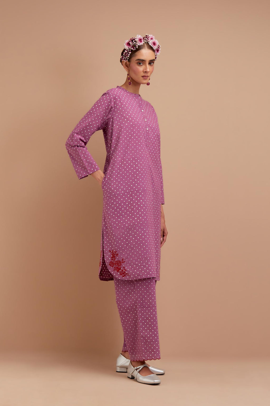 Dark Mauve Cotton straight short kurta set with all-over polka dot hand block print & embroidered floral bootas at the side hem.