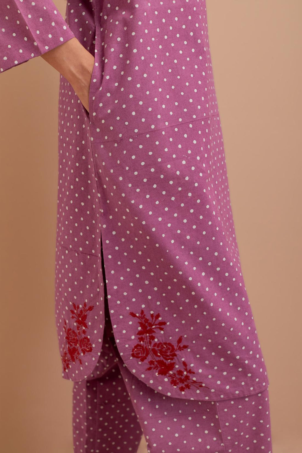 Dark Mauve Cotton straight short kurta set with all-over polka dot hand block print & embroidered floral bootas at the side hem.